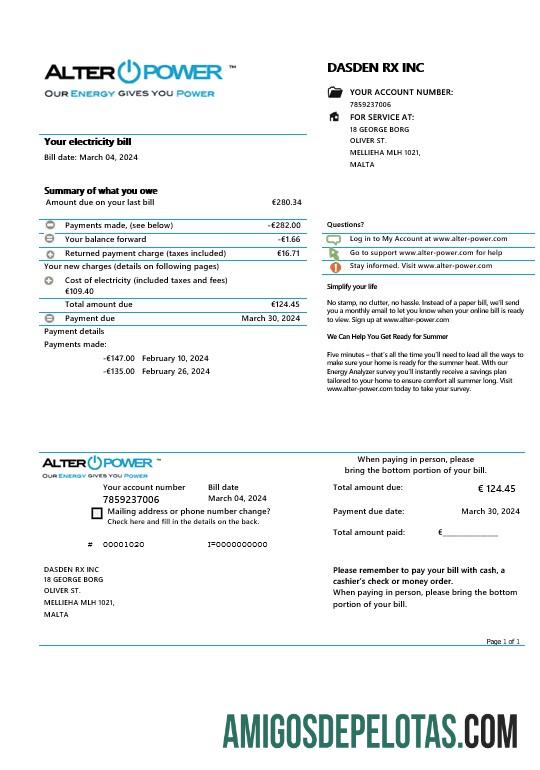 Em branco modelo de comprovante de endereço de Malta AlterPower Malta para fatura de serviços públicos em formatos Word e PDF